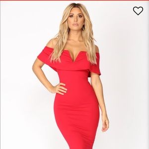 Lyla Off Shoulder Red Dress - FashionNova - S